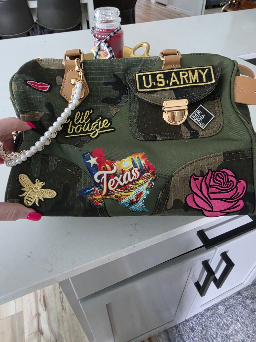 Camouflage Patchwork Satchel with Pearl Strap - Olive Green